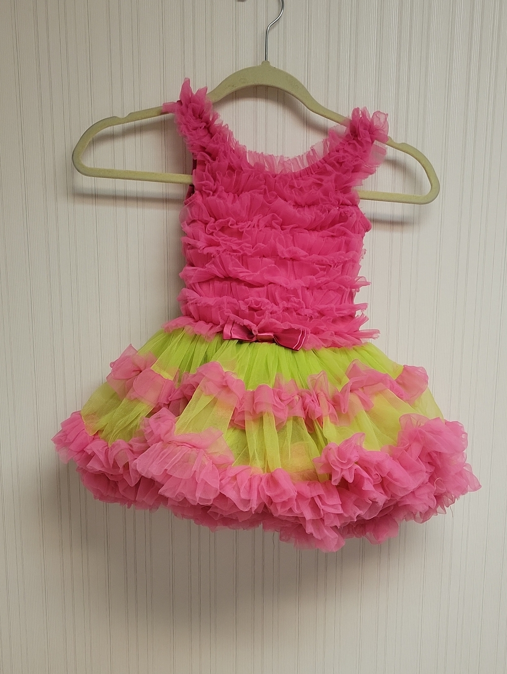 Popatu Pink & Lime Ruffle Tulle Kids Dress Small (3T-4T). Party Frilly Girly